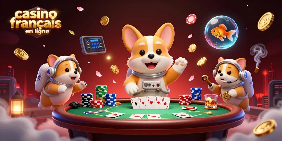 Visualisez un casino francais en ligne animé avec un corgi astronaute et des jetons flottants.