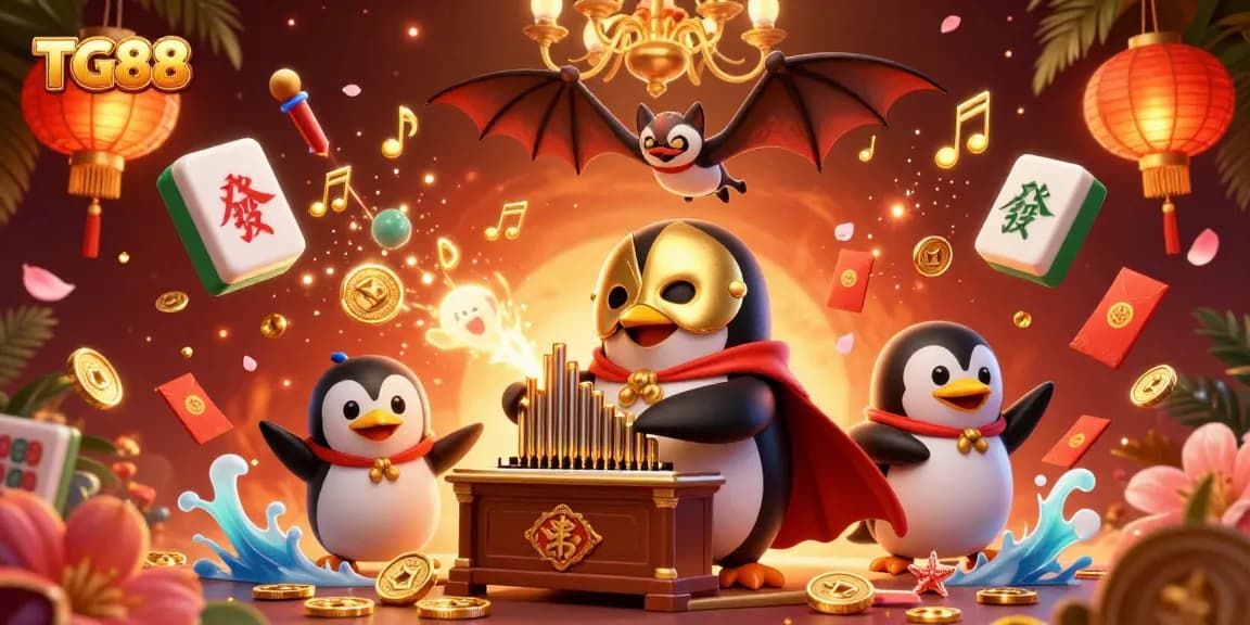 Witness TG88's vibrant casino scene with a penguin organist, acrobat, and dynamic gaming elements.