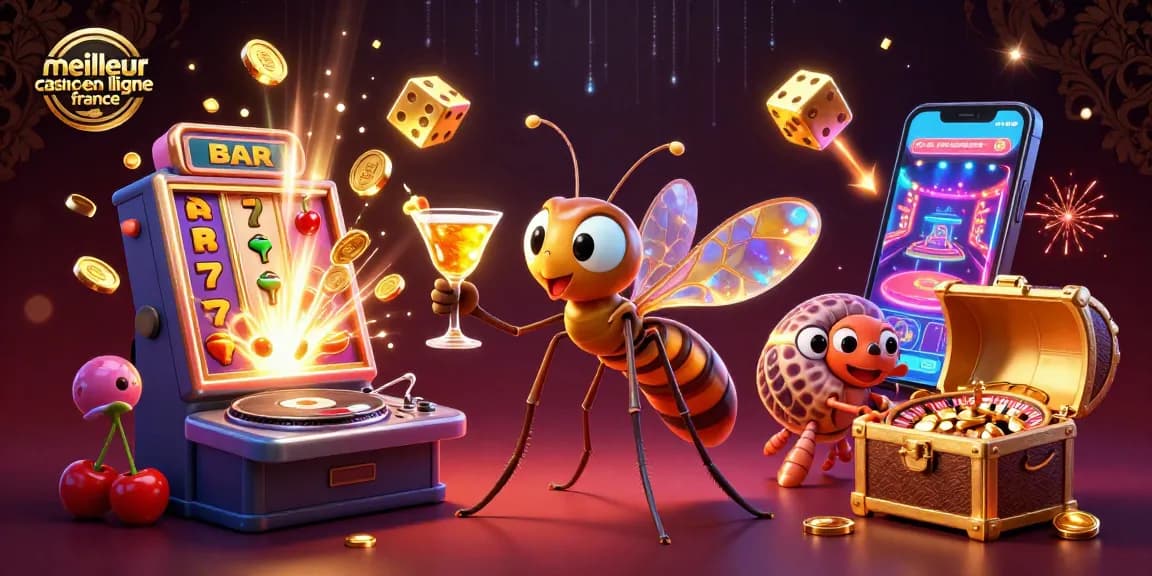 Visualisez le meilleur casino en ligne France avec un moustique en amber comme mascotte et une ambiance festive.