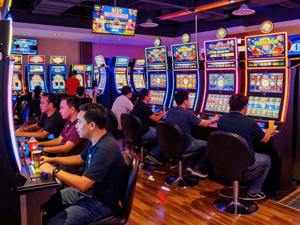 Engaging casino scene showcasing players enjoying slot gacor terbaru games with vibrant machines.