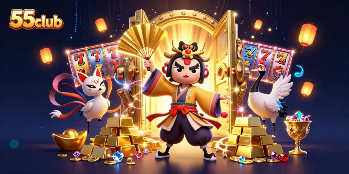 Experience thrilling gameplay with 55club, featuring dynamic slot action and vibrant casino scenes.