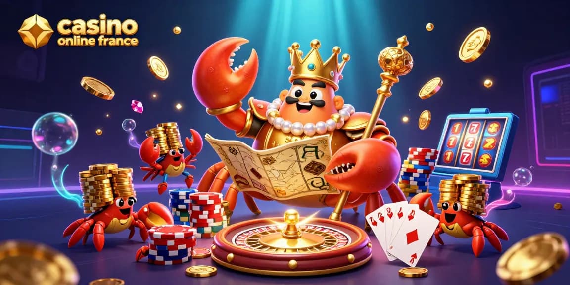 Le casino en ligne France présente un crabe doré royal entouré de jeux de hasard et de trésors scintillants.