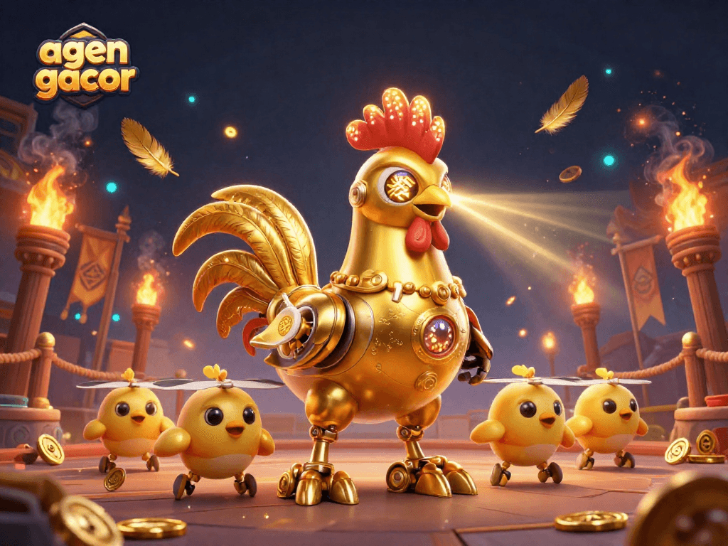 Engage with agen gacor in an energetic casino scene featuring a golden rooster robot and baby chick drones.