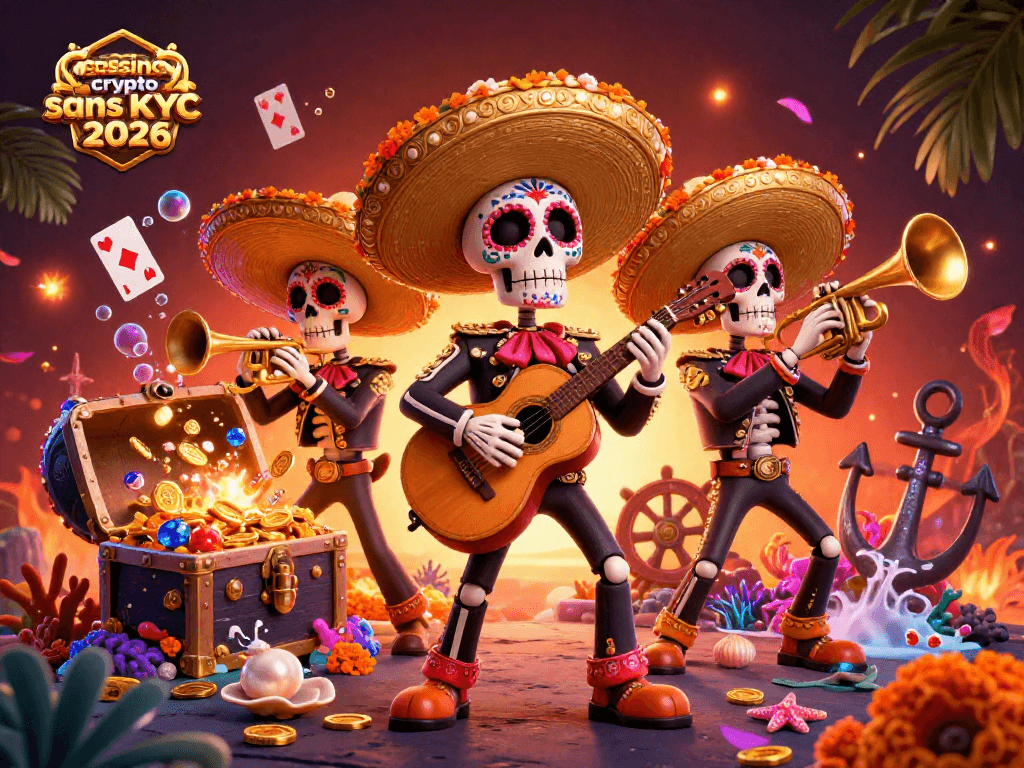 Illustration dynamique de casino crypto sans KYC 2026 avec un groupe de mariachis, des trésors et des éléments de jeu.
