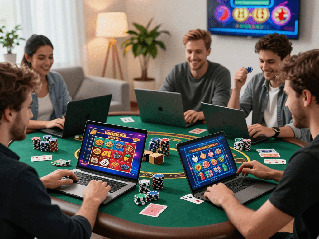 UK players enjoying american online casinos on laptops, vibrant atmosphere with casino chips and games.