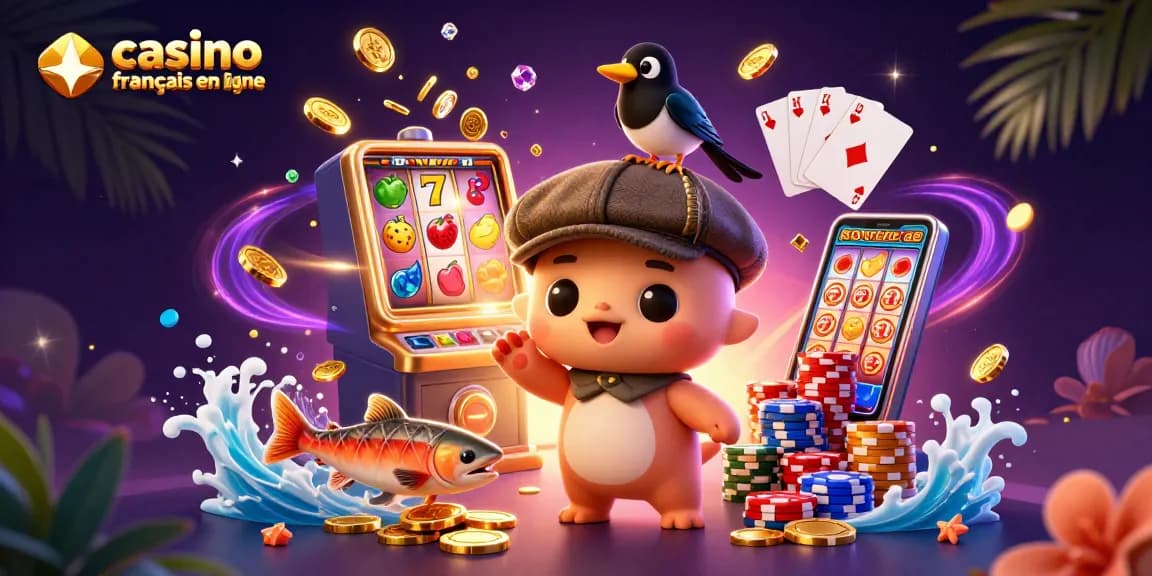Visuel captivant de casino français en ligne avec des personnages ludiques et des éléments de jeu scintillants.