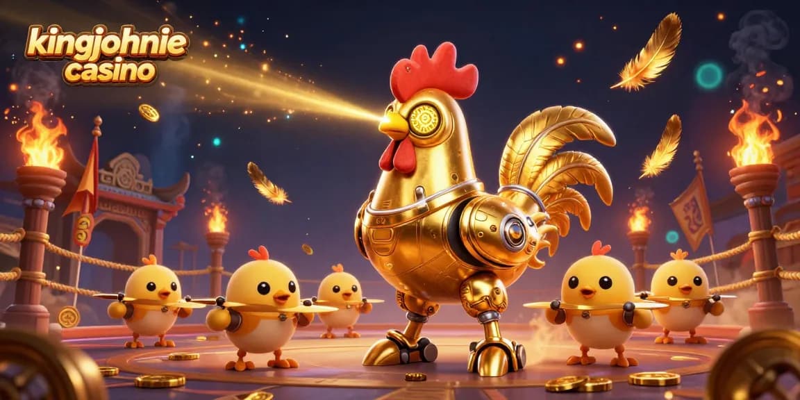 Experience the thrill of kingjohnnie casino with our vibrant 3D illustration of a golden rooster robot battling in a dynamic arena.
