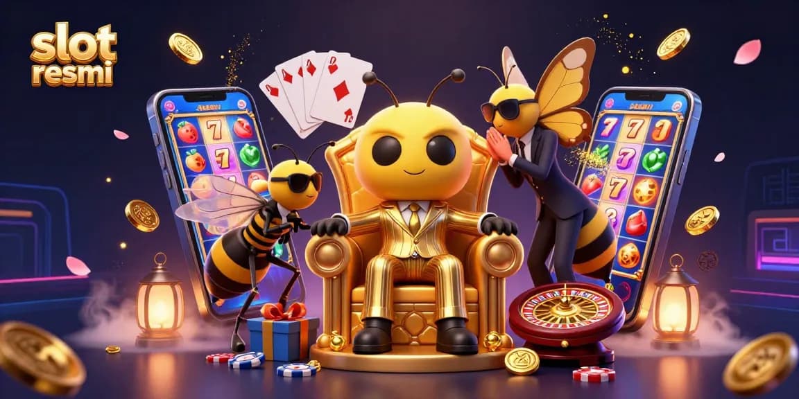 Menghadirkan slot resmi, ilustrasi 3D bertema kasino dengan tokoh lebah dalam suit, permainan slot, dan suasana yang menarik.