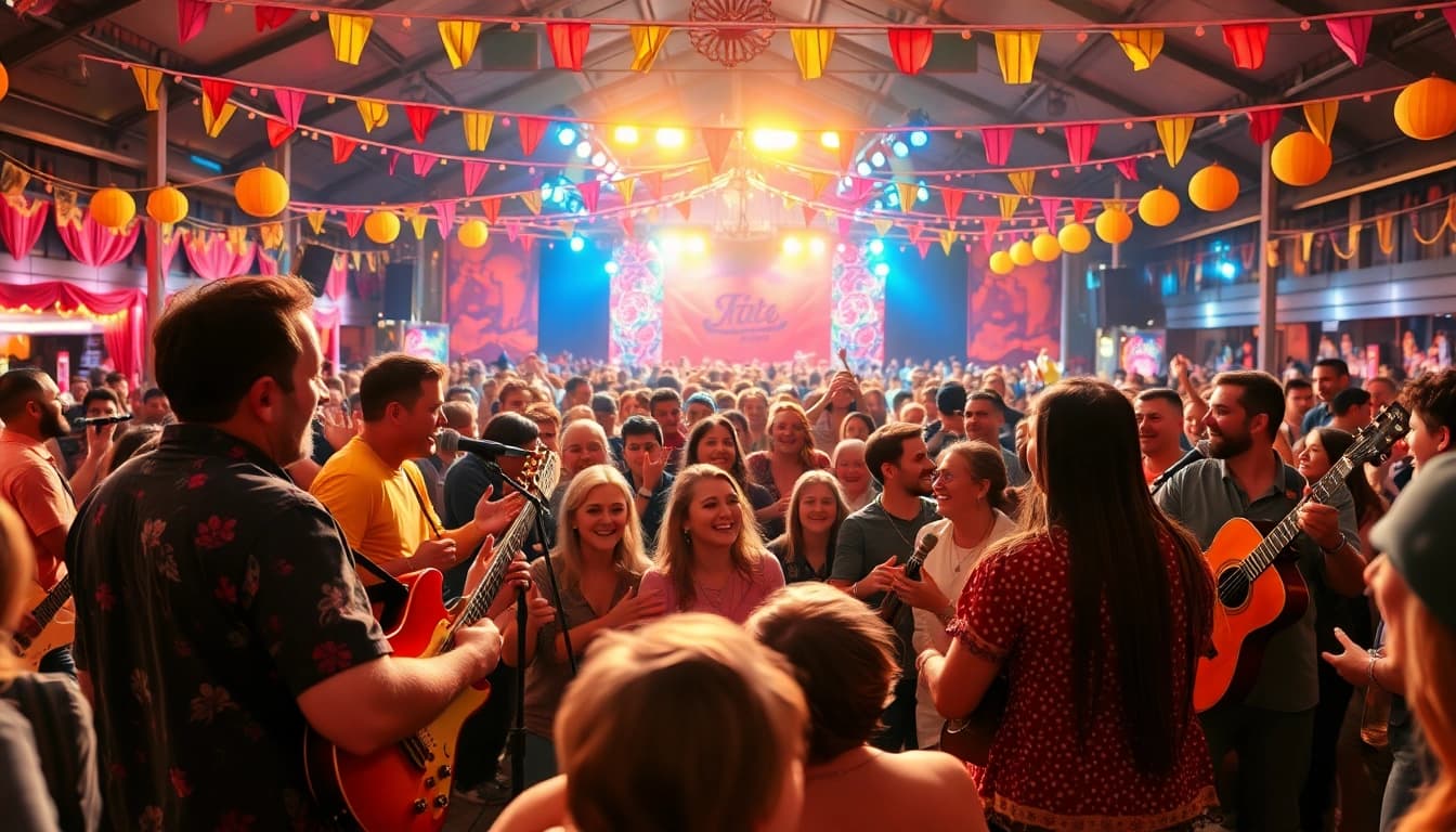 Ascultă muzica vesela într-un festival plin de energie și culori vibrante.