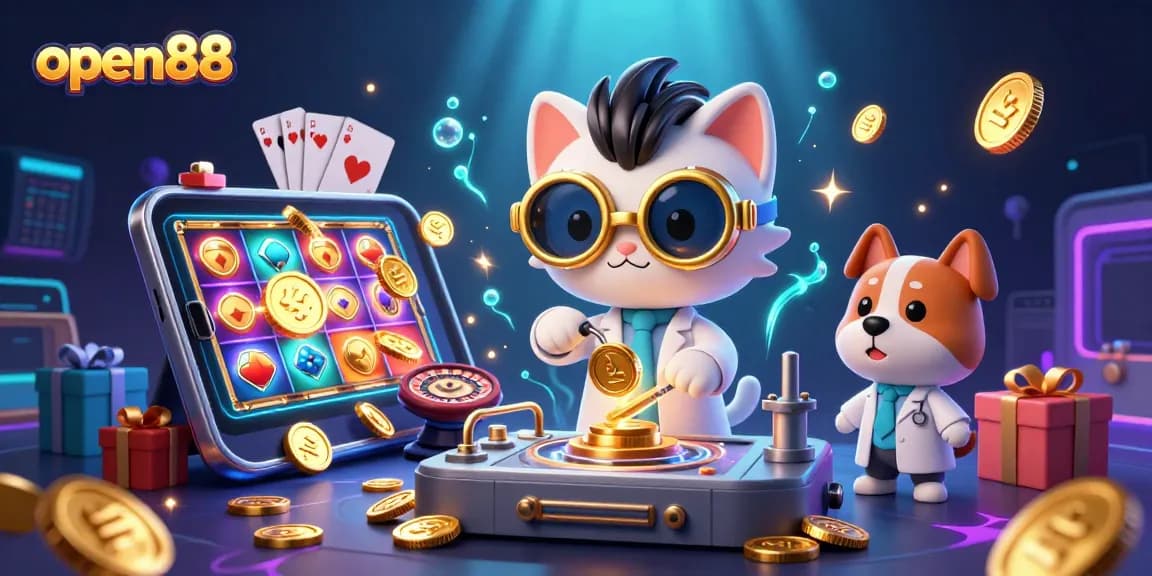 Open88 brings excitement with a vibrant scene of a mad scientist cat and dog creating winning slots and casino games.