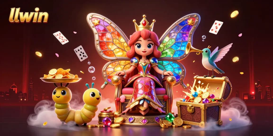 Experience thrilling wins at llwin, featuring a colorful butterfly queen amidst casino treasures