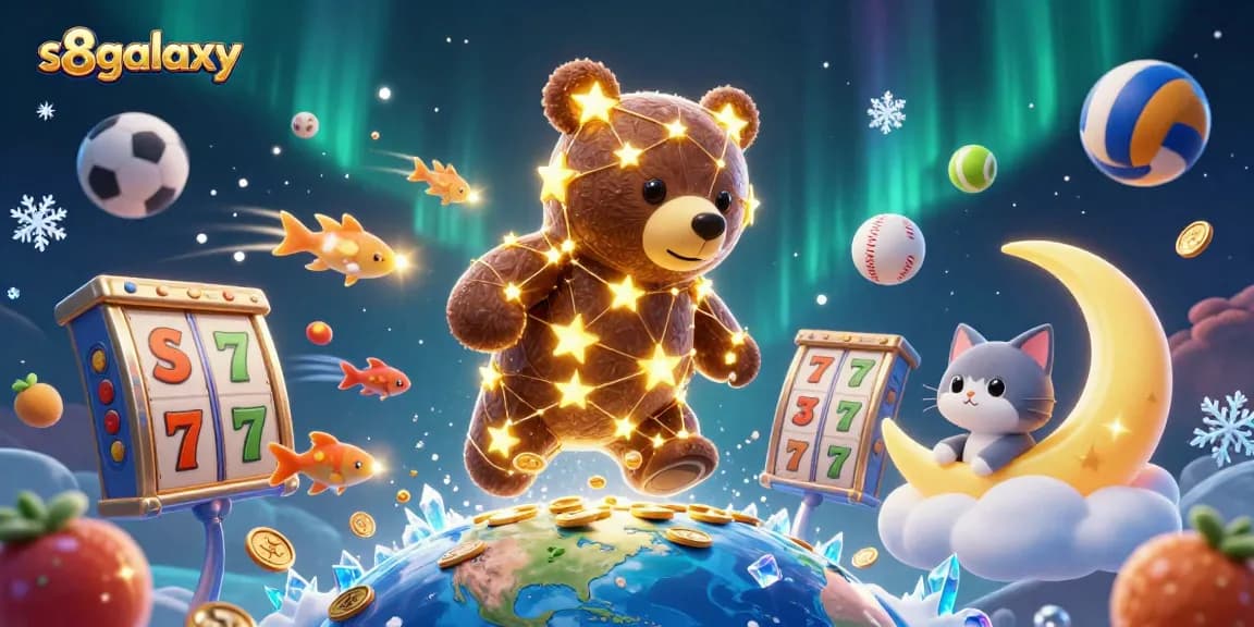 Scoop up winning coins with the s8galaxy constellation bear in this vibrant, dynamic gaming illustration.