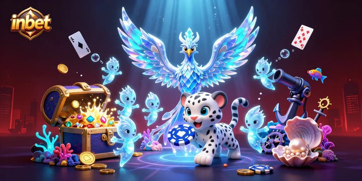 Experience the vibrant inbet world with an ice phoenix, playful leopard, and dazzling treasure in a dynamic casino scene.