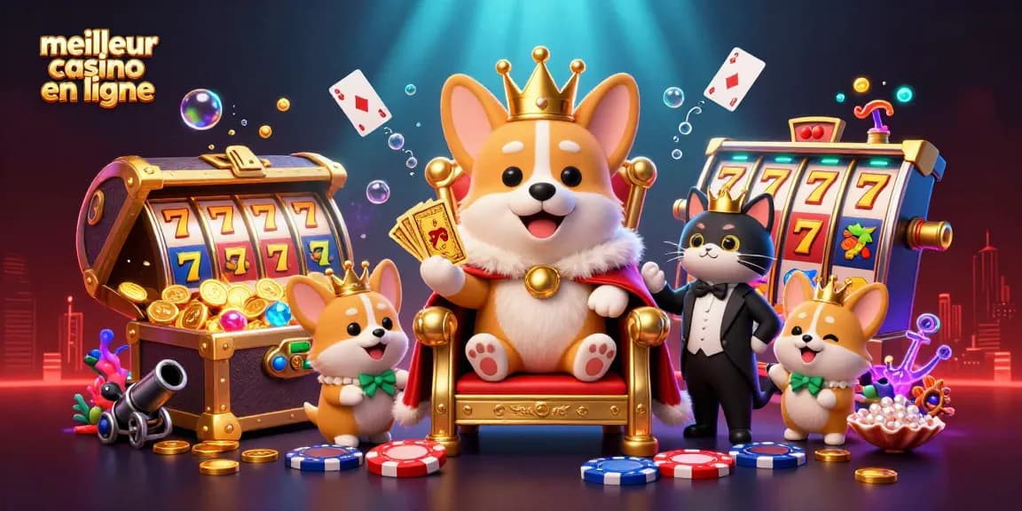 Visuel captivant du meilleur casino en ligne avec un corgi royal entouré de joyaux et de machines à sous.