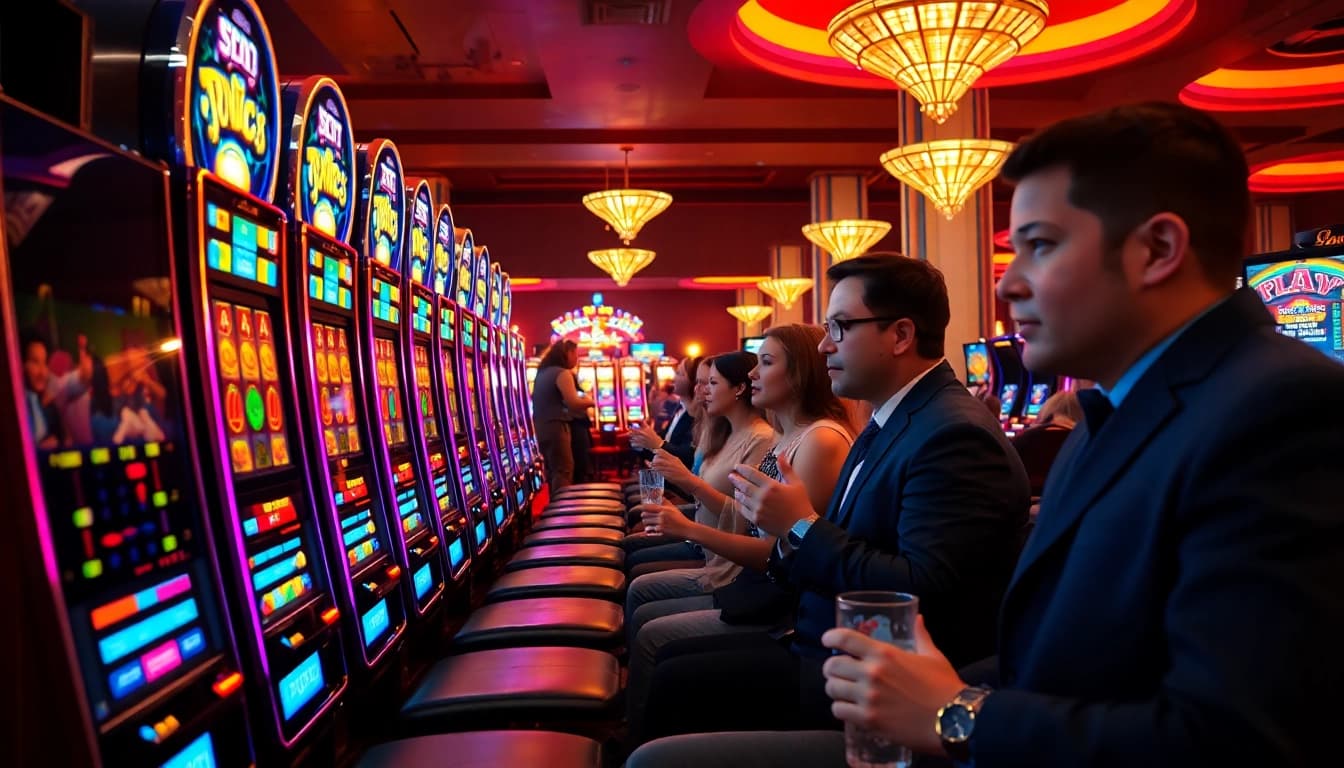 Experience slot gambling excitement with vibrant machines and eager players in a lively casino.