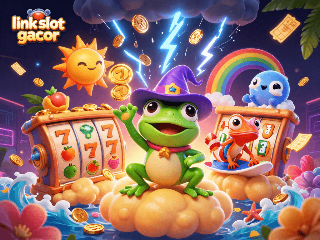 Experience thrilling gaming with link slot gacor amidst vibrant colors and dynamic winnings in this captivating illustration.