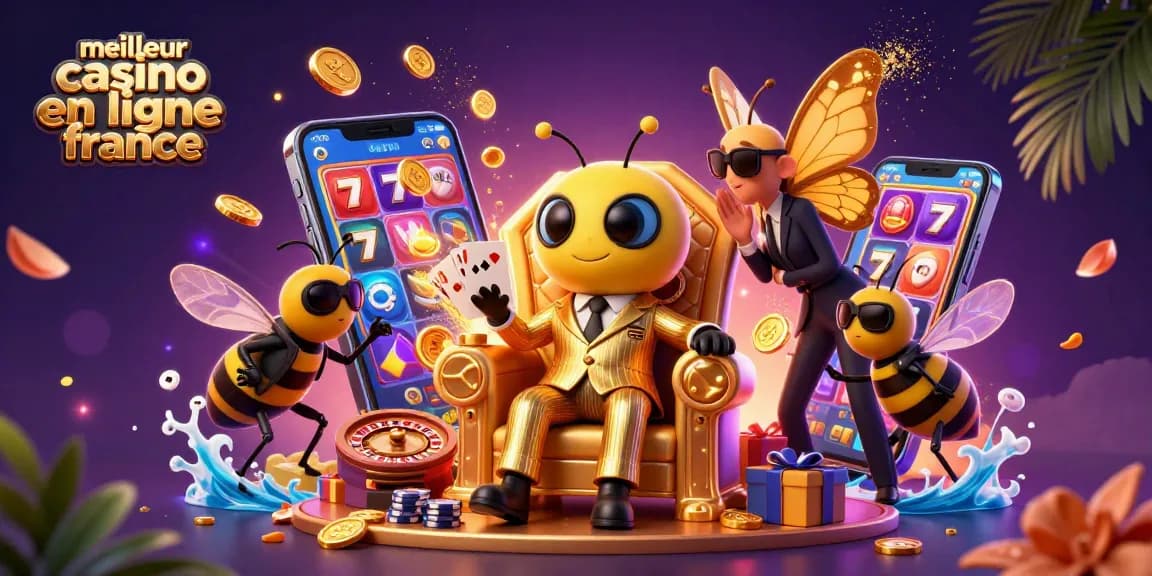 Visuel captivant représentant le meilleur casino en ligne France avec des personnages de jeux de hasard et des éléments de casino.