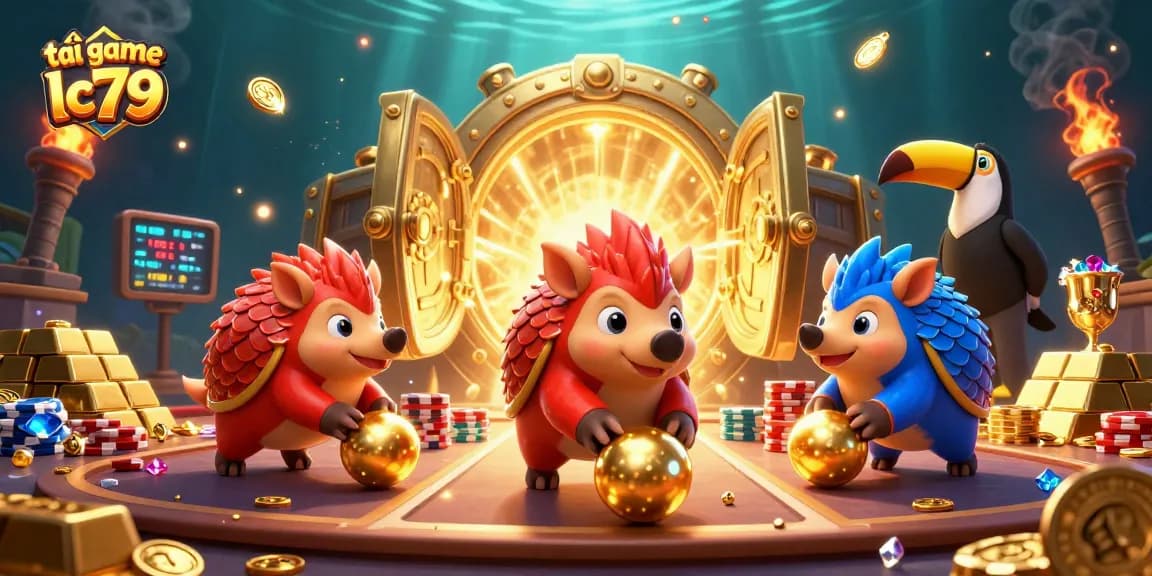 Tải game lc79 với hai con tê tê hoạt hình cạnh tranh giữa đống chip poker và kho báu lấp lánh.