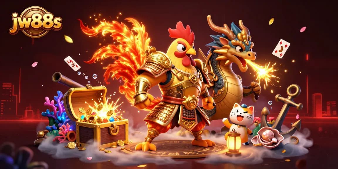 Experience thrilling gaming with jw88s featuring a majestic rooster warrior and dragon hatchling in a vibrant 3D illustration.