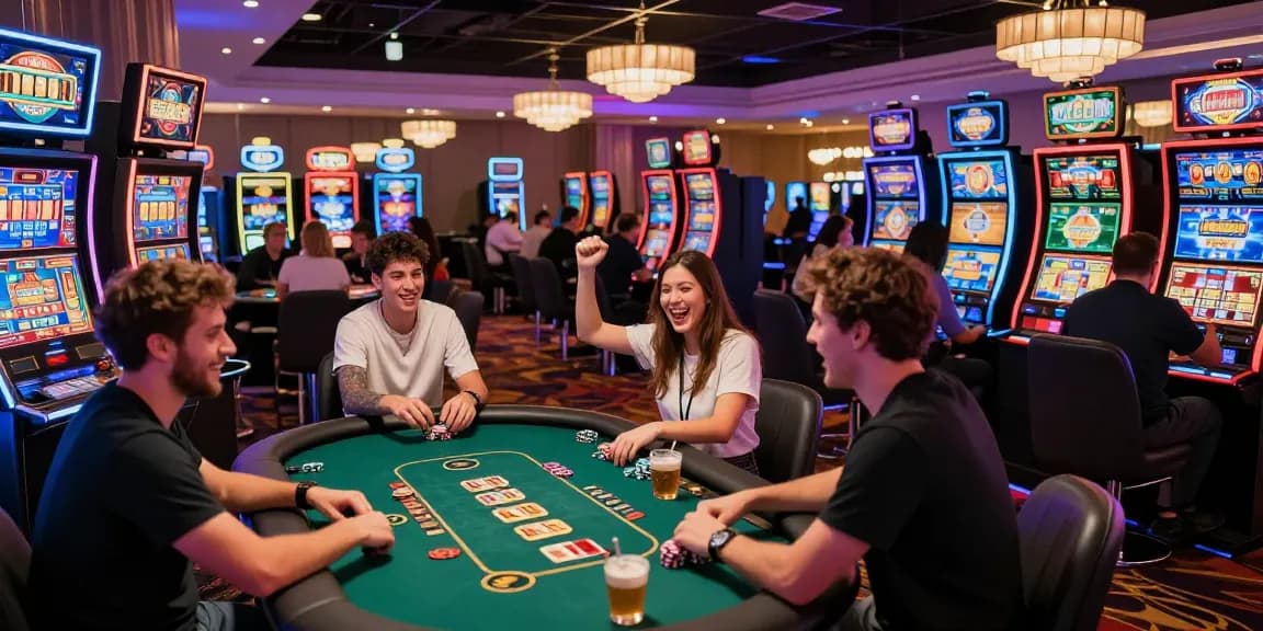 Exciting scene of players enjoying slot depo 5k at a lively casino gaming floor.