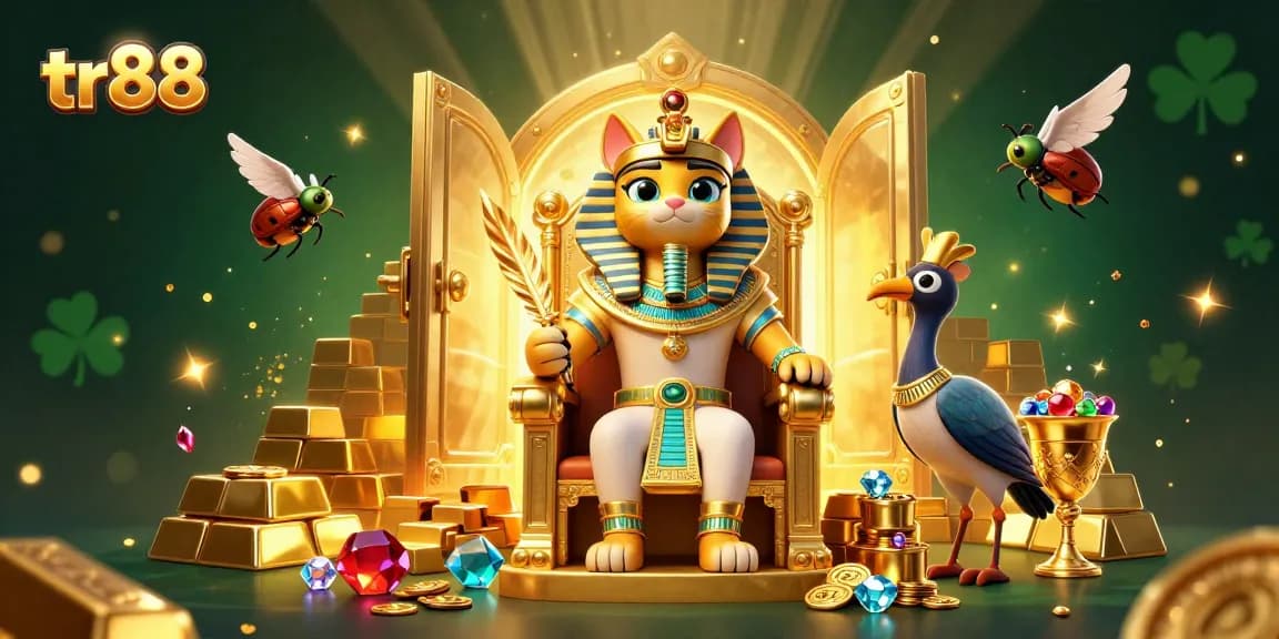 Join the fun at tr88 as the Egyptian pharaoh cat and others celebrate with gold and gems.