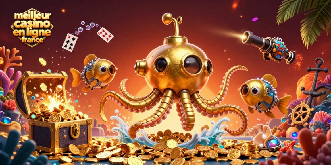 Explorez le monde du meilleur casino en ligne France avec un sous-marin kraken en or au milieu des pièces et trésors.