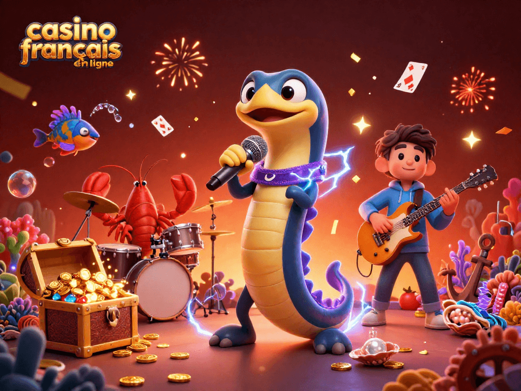 Découvrez le casino français en ligne avec une scène animée d'une anguille DJ, créant une ambiance festive sous-marine.