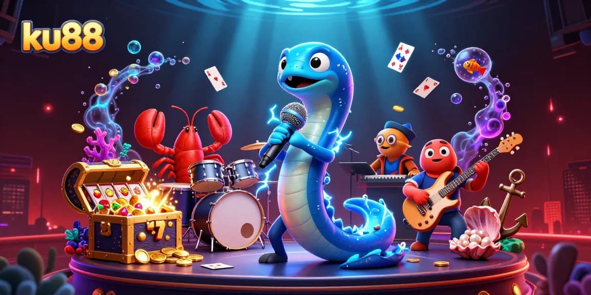 ku88 showcases a vibrant underwater casino scene with an electric eel DJ, lobster drummer, and seahorse guitarist.