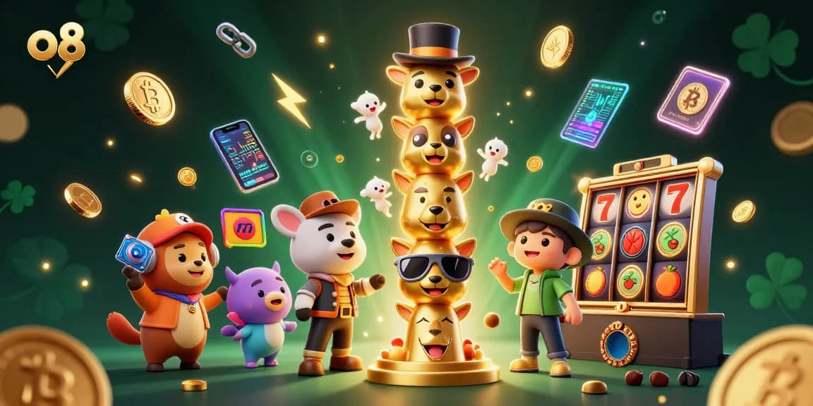 Experience exciting gameplay with o8's vibrant casino elements and cryptocurrency themes in this stunning 3D illustration.