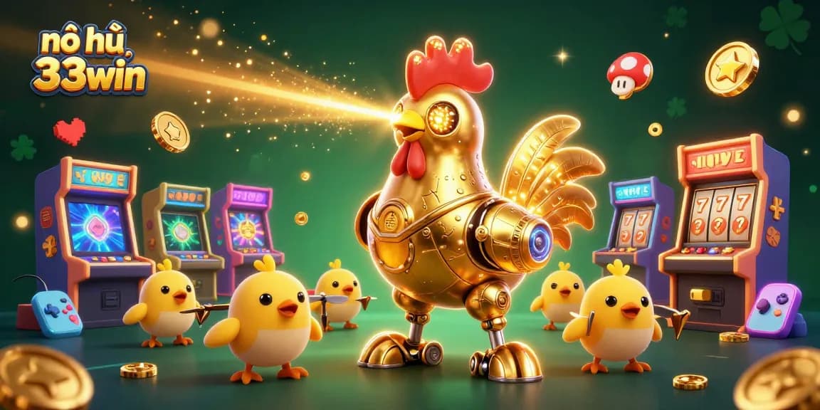 Engage with nổ hũ 33win in this vibrant casino scene showcasing retro-futuristic characters and gaming elements.