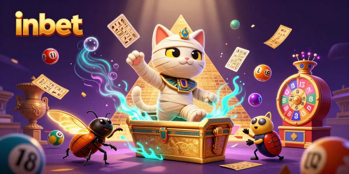 Engage in thrilling fun with inbet’s vibrant 3D scene featuring an Egyptian mummy cat and a gold-winged scarab in a dynamic casino.