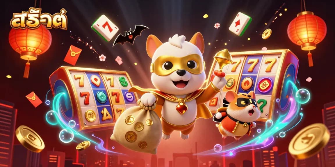 Engage in thrilling สล็อต adventures with a superhero dog and vibrant casino elements.