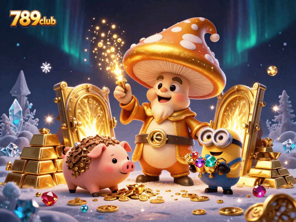 Join the fun at 789club with a magical golden mushroom wizard and treasure-filled scene, enhancing your gaming experience.