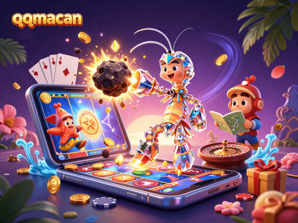 Experience the excitement of qqmacan as the mantis shrimp battles through gems and coins in a vibrant casino scene.