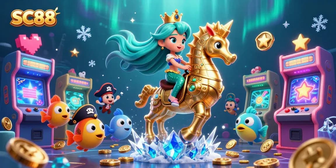 Engage with SC88's lively underwater casino scene featuring gaming elements, coins, and fun characters.