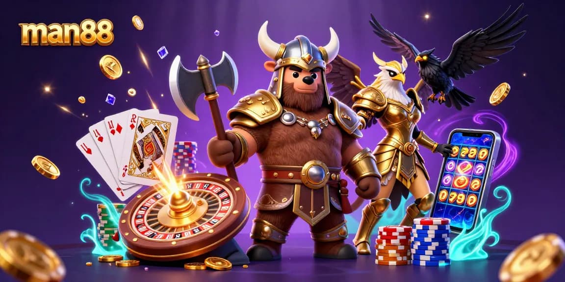 Experience man88 with a Viking berserker and Valkyrie eagle amidst casino elements for winning strategies.