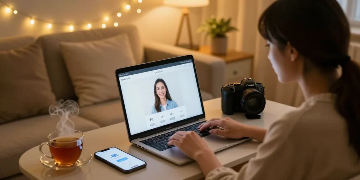User engaging in ai nsfw chat on a laptop in a cozy room, surrounded by warm lighting and digital devices.