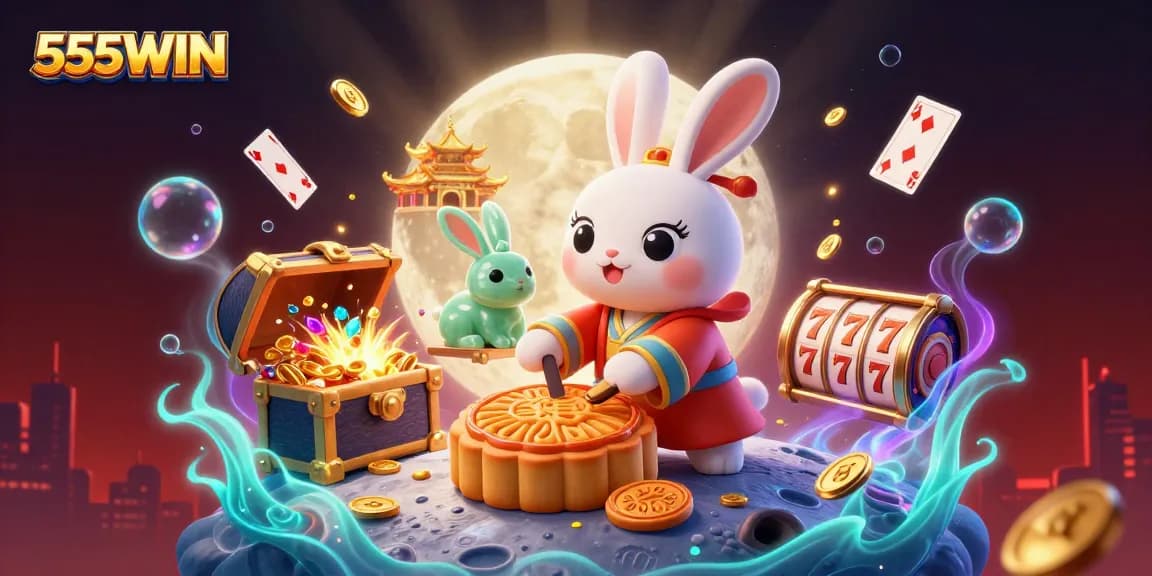 Experience the excitement of 555WIN as the moon rabbit reveals poker chips among gold coins in a vibrant 3D scene.