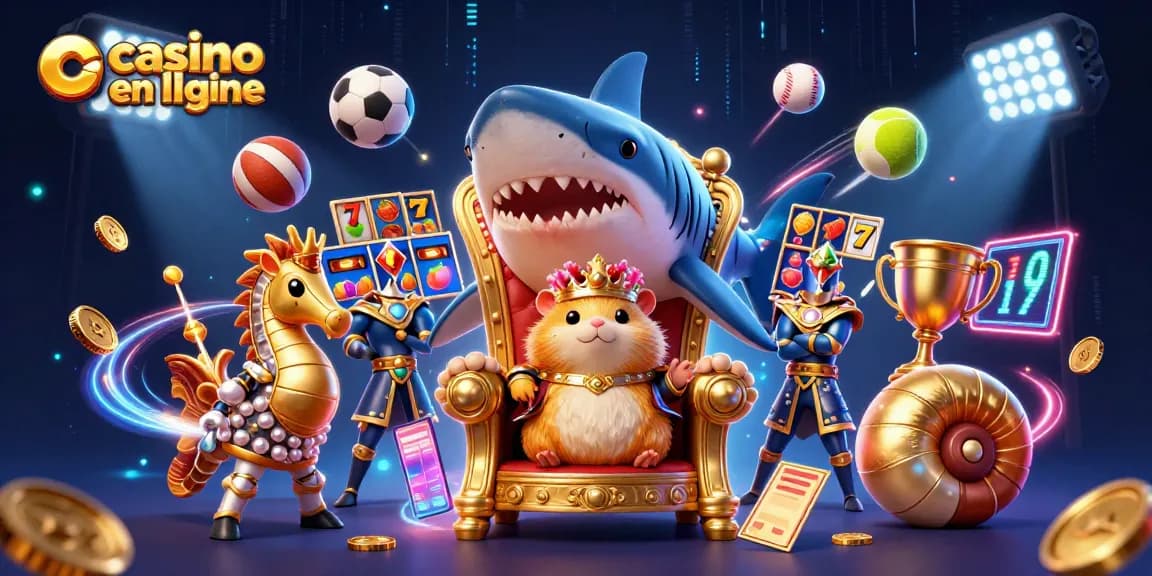 Illustration d'un roi hamster en or sur un trône de dent de mégalodon, représentant le casino en ligne.