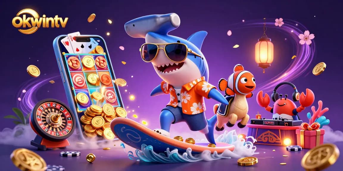Experience the excitement of okwintv with a dynamic casino scene featuring a hammer-head shark, clownfish, and crab DJ.