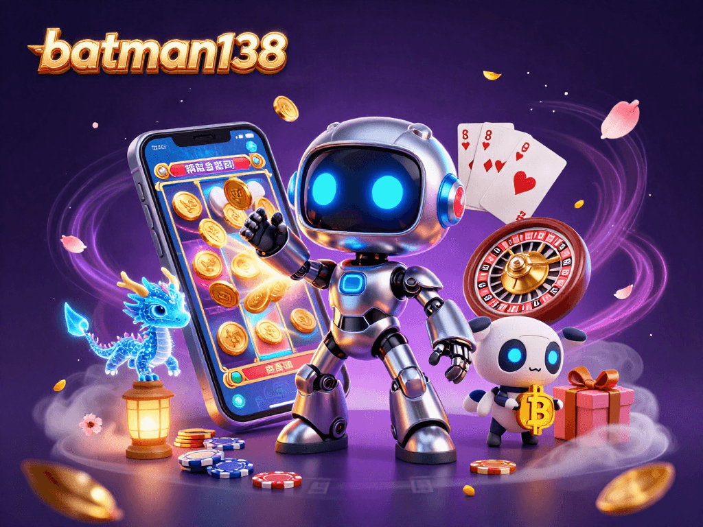 Engage with batman138's vibrant 3D casino scene showcasing a cyberpunk mascot and exciting gaming elements.