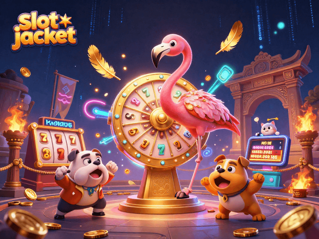 Engage in the thrilling action of a slot jackpot with a vibrant game show scene featuring dynamic characters.