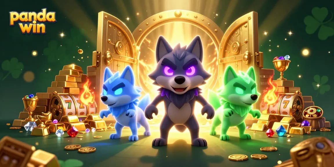 Panda win showcases a dynamic illustration of ghostly wolves amidst gold and slot reels.