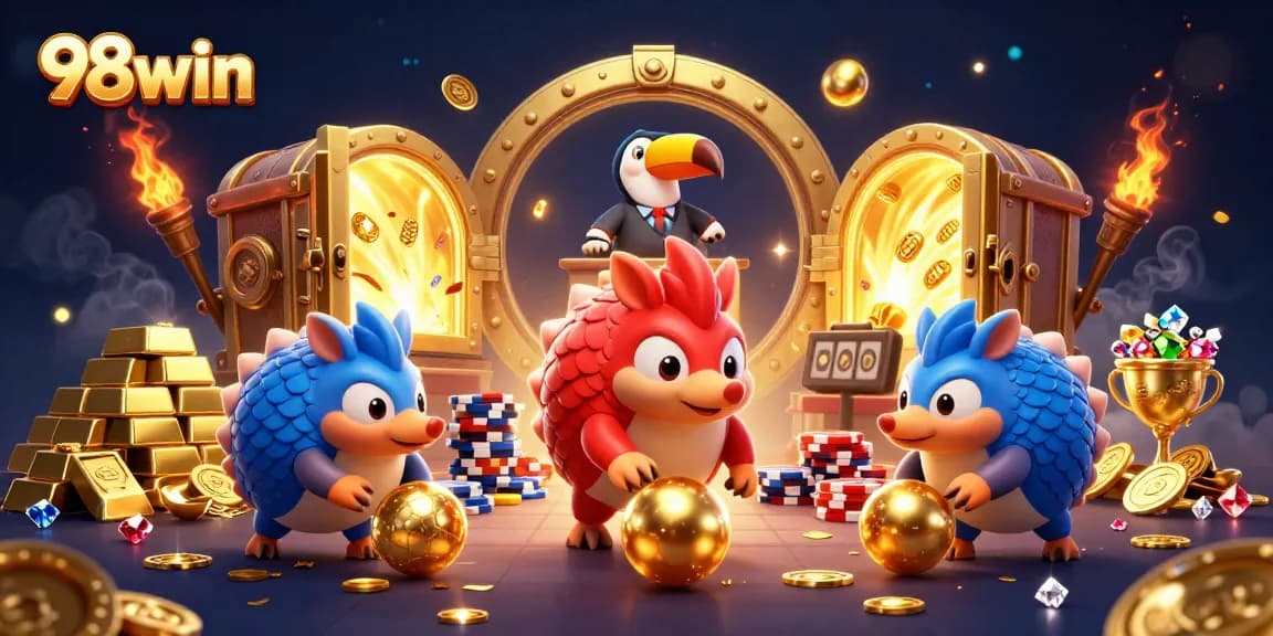 Experience the 98win thrill as cartoon pangolins battle in a vibrant casino scene.