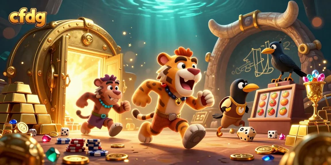 Engage in thrilling gameplay at cfdg with a lively 3D casino scene featuring animated characters and sparkling treasures.