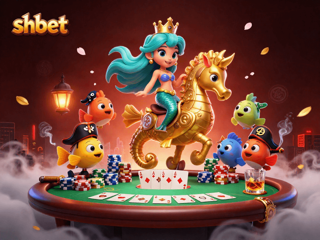 Experience shbet with a vibrant casino scene showcasing a mermaid princess and poker action.