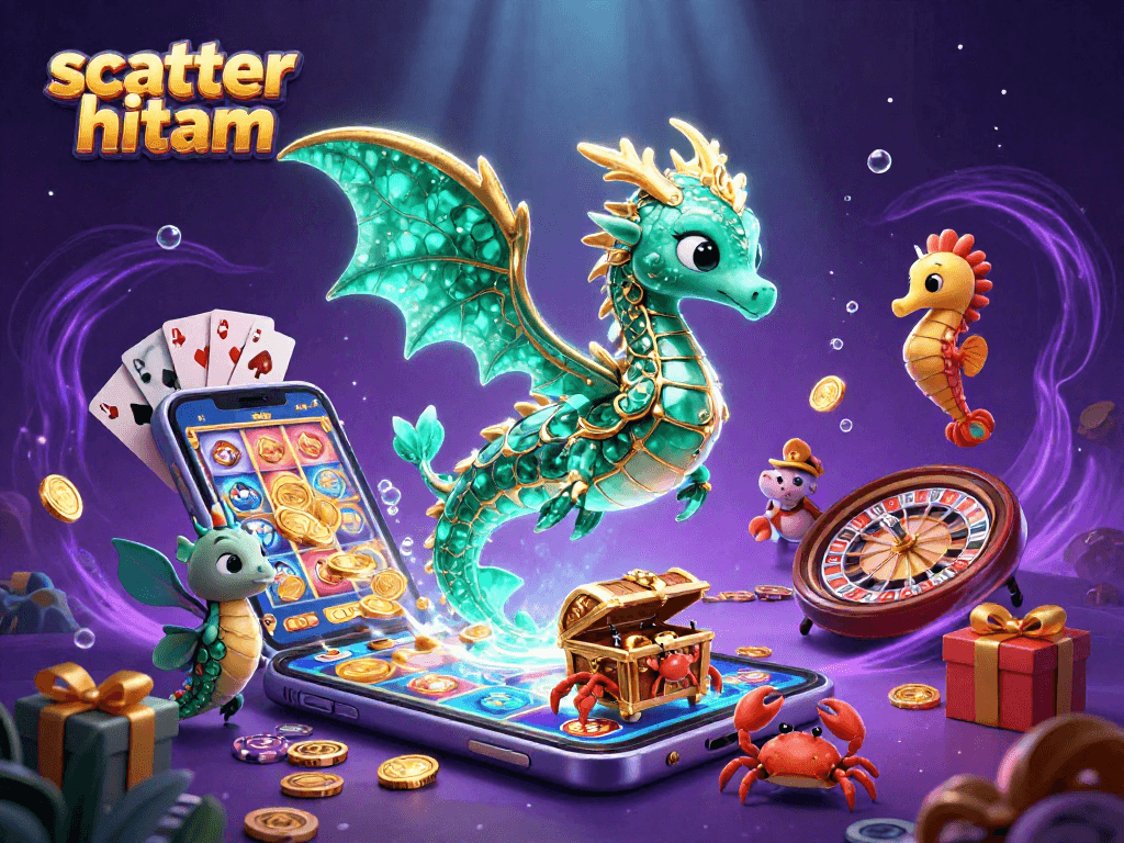 Engage with scatter hitam visuals as a 3D dragon and seahorses lead an exciting casino adventure.