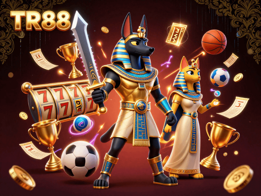 Experience dynamic TR88 gaming action with an ancient Egyptian warrior and sacred cat amidst vibrant casino elements.