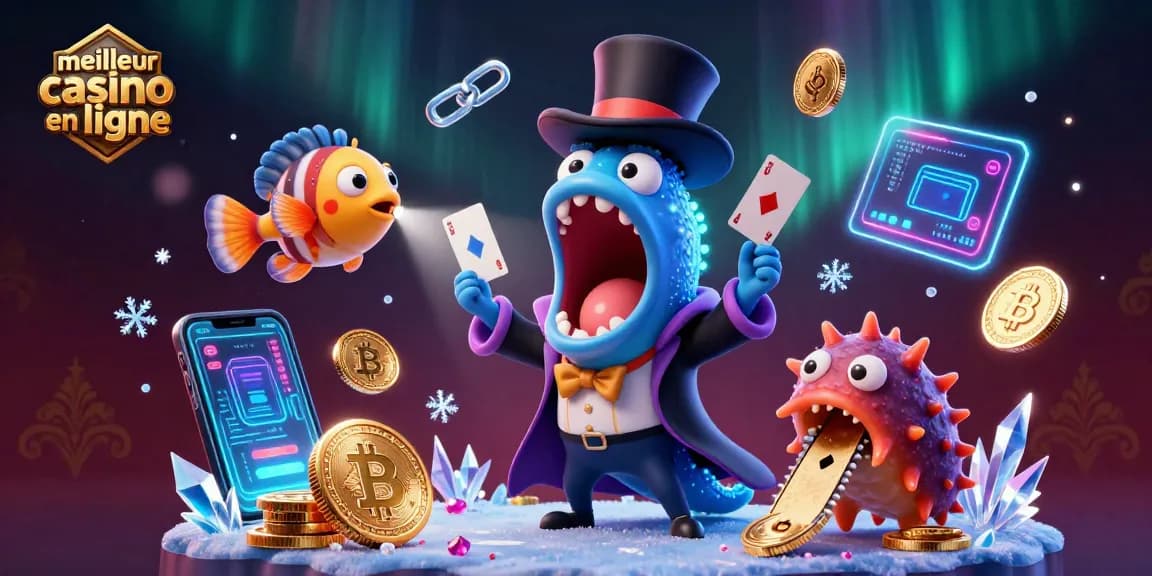 Magie des jeux au meilleur casino en ligne avec des personnages marins animés et symboles numériques.
