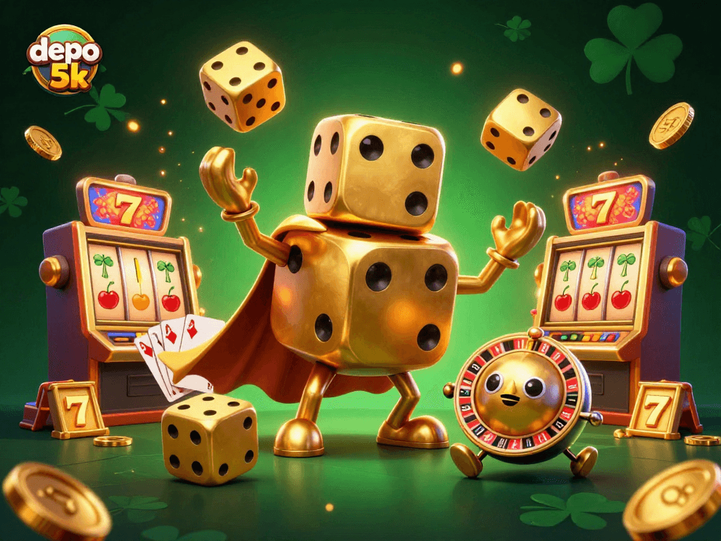 Engage in exciting gameplay with depo 5k, featuring a lively golden dice golem and slot reels.